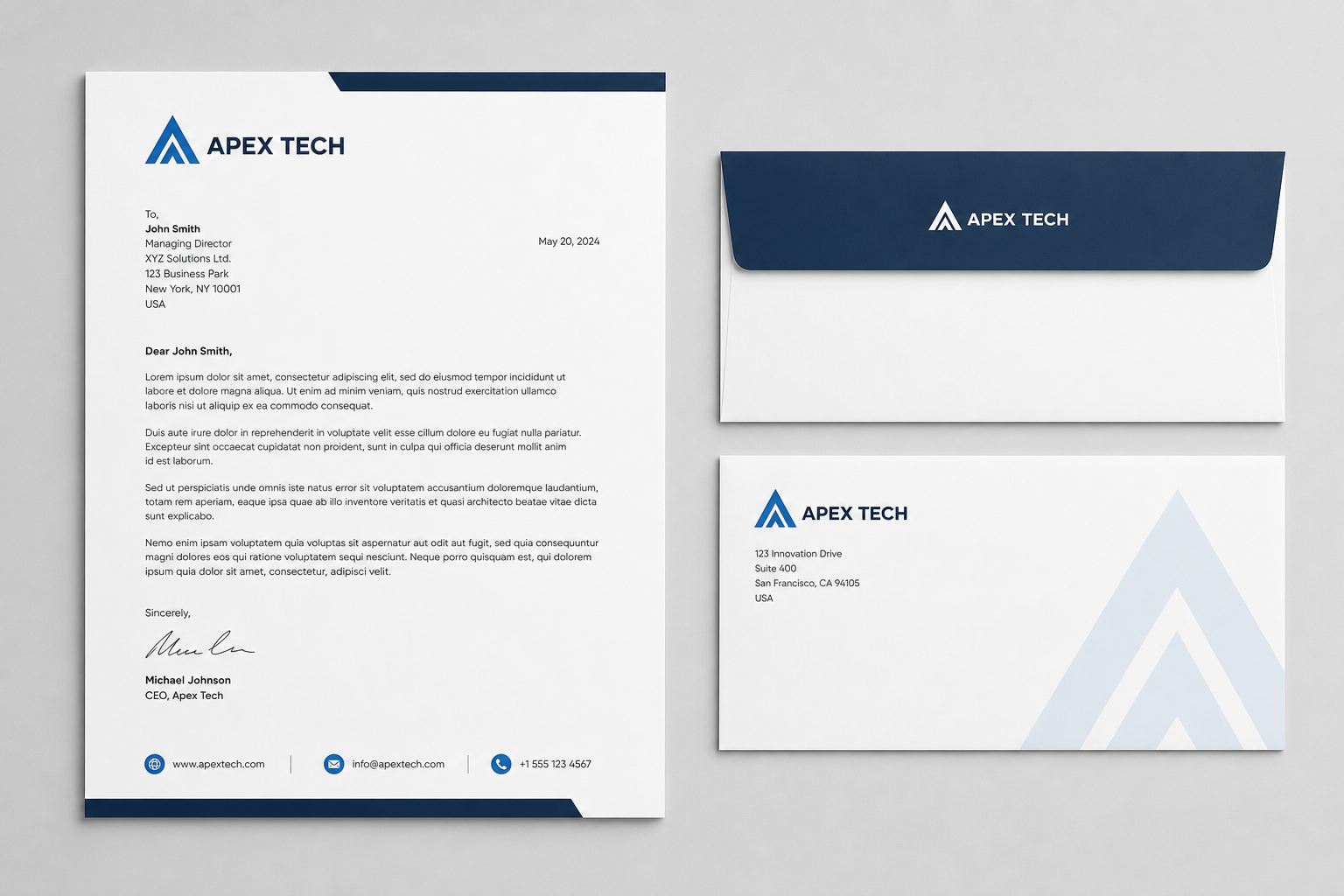 Apex Tech letterhead and envelope