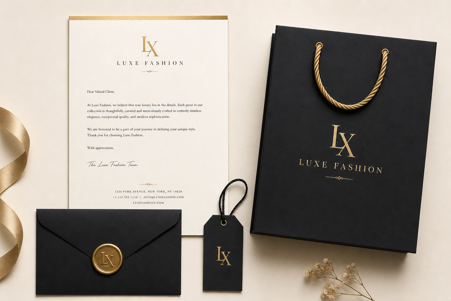 Luxe Fashion stationery and packaging flat lay